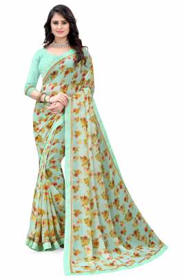 PISTA FLORAL PRINTED GEORGETTE SAREE WITH RICH BORDER LACE GEORGETTE SAREES 