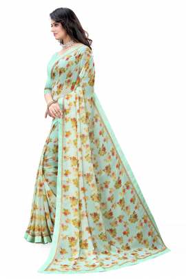 PISTA FLORAL PRINTED GEORGETTE SAREE WITH RICH BORDER LACE GEORGETTE SAREES 