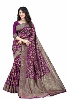 PURPLE BANARSI SILK SAREE WITH WAEVING BORDER WITH UNSTITCHED BLOUSE PIECE FOR WEDDING AND PARTY  LICHI SILK SAREE