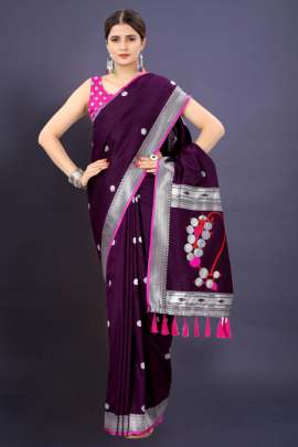 PURPLE SOFT SILK SAREE WITH WEAVING ZARI WITH TESSEL BORDER FULL CATALOGE KANCHIPURAM SILK SAREE