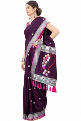 PURPLE SOFT SILK SAREE WITH WEAVING ZARI WITH TESSEL BORDER FULL CATALOGE KANCHIPURAM SILK SAREE