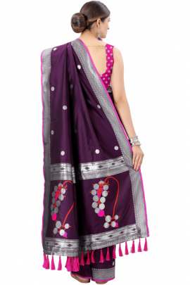 PURPLE SOFT SILK SAREE WITH WEAVING ZARI WITH TESSEL BORDER FULL CATALOGE KANCHIPURAM SILK SAREE