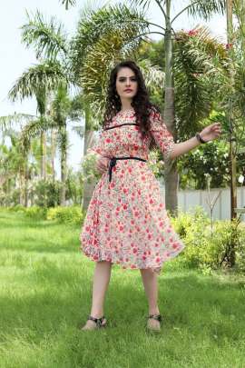 Peach Party Wear Georgette Printed Western Dress Dresses