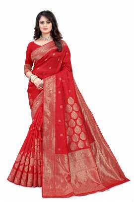 RED BANARSI SILK SAREE WITH WAEVING BORDER WITH UNSTITCHED BLOUSE PIECE FOR WEDDING AND PARTY  KANCHIPURAM SILK SAREE