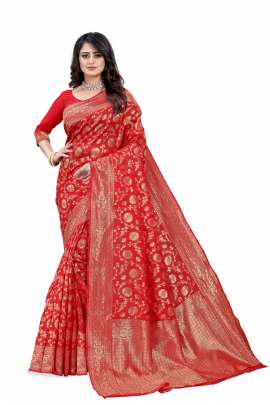 RED BANARSI SILK SAREE WITH WAEVING BORDER WITH UNSTITCHED BLOUSE PIECE FOR WEDDING AND PARTY  SOFT LICHI SILK SAREE 