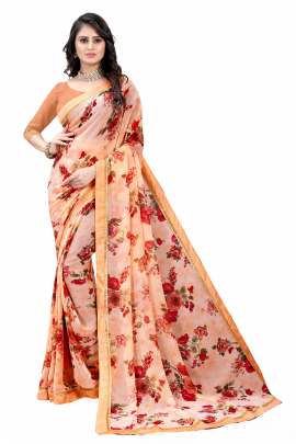 RED FLORAL PRINTED GEORGETTE SAREE WITH RICH BORDER LACE GEORGETTE SAREES 