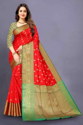 RED LICHI SILK SAREE WITH WEAVING ZARI WITH RICH PALLU SILK SAREE