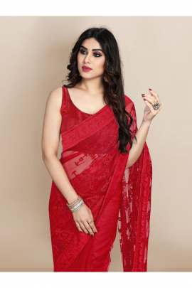 RED TRENDY NET SAREE WITH ALL OVER EMBROIDERD AND STONE 