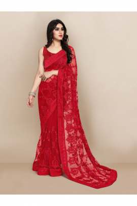 RED TRENDY NET SAREE WITH ALL OVER EMBROIDERD AND STONE  NET SAREES 