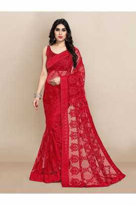 RED TRENDY NET SAREE WITH ALL OVER EMBROIDERD AND STONE  NET SAREES 