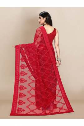 RED TRENDY NET SAREE WITH ALL OVER EMBROIDERD AND STONE  NET SAREES 