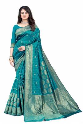 SKY BANARSI SILK SAREE WITH WAEVING BORDER WITH UNSTITCHED BLOUSE PIECE FOR WEDDING AND PARTY 