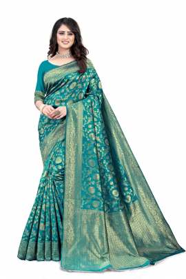 SKY BANARSI SILK SAREE WITH WAEVING BORDER WITH UNSTITCHED BLOUSE PIECE FOR WEDDING AND PARTY  SOFT LICHI SILK SAREE 