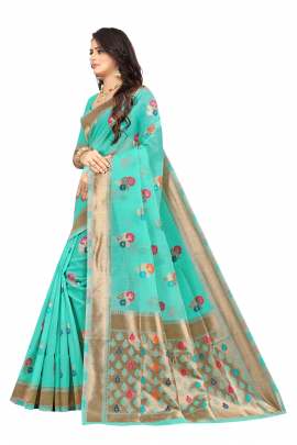 SKY CHANDERI SILK SAREE WITH ALL OVER WEAVING BORDER RICH PALLU WITH UNSTITCHED BLOUSE PIECE CHANDERI SAREE 