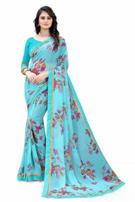 SKY FLORAL PRINTED GEORGETTE SAREE WITH RICH BORDER LACE sarees