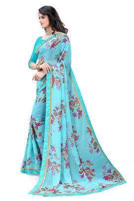 SKY FLORAL PRINTED GEORGETTE SAREE WITH RICH BORDER LACE GEORGETTE SAREES 