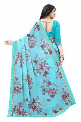 SKY FLORAL PRINTED GEORGETTE SAREE WITH RICH BORDER LACE GEORGETTE SAREES 