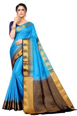 SKY KANJIVARAM SILK SAREE WITH JUMBO MANGO BORDER  KANCHIPURAM SILK SAREE