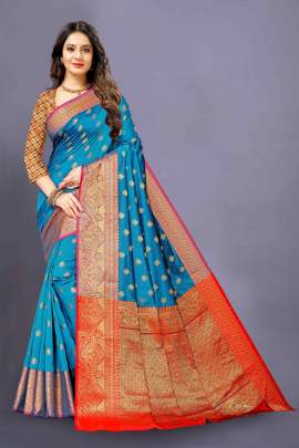 SKY LICHI SILK SAREE WITH WEAVING ZARI WITH RICH PALLU SILK SAREE