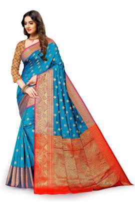 SKY LICHI SILK SAREE WITH WEAVING ZARI WITH RICH PALLU SILK SAREE