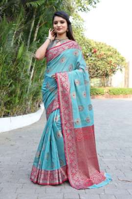 SKY TUSSAR SILK SAREE WITH RICH PALLU AND WEAVING BORDER