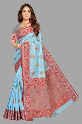 SKY TUSSAR SILK SAREE WITH RICH PALLU AND WEAVING BORDER SILK SAREE