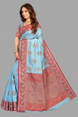 SKY TUSSAR SILK SAREE WITH RICH PALLU AND WEAVING BORDER SILK SAREE