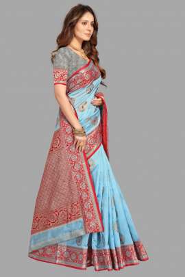 SKY TUSSAR SILK SAREE WITH RICH PALLU AND WEAVING BORDER SILK SAREE