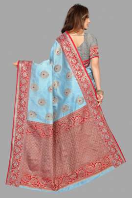 SKY TUSSAR SILK SAREE WITH RICH PALLU AND WEAVING BORDER SILK SAREE