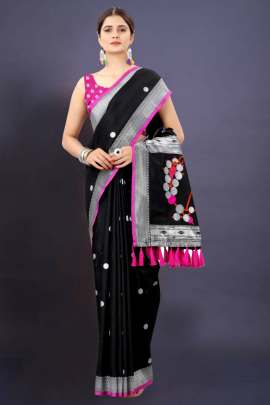 BLACK SOFT SILK SAREE WITH WEAVING ZARI WITH TESSEL BORDER FULL CATALOGE sarees