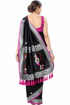 BLACK SOFT SILK SAREE WITH WEAVING ZARI WITH TESSEL BORDER FULL CATALOGE KANCHIPURAM SILK SAREE