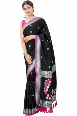 BLACK SOFT SILK SAREE WITH WEAVING ZARI WITH TESSEL BORDER FULL CATALOGE KANCHIPURAM SILK SAREE