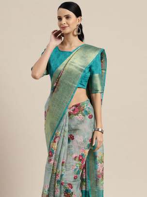 Sea Green & Pink Linen Blend Printed Saree COTTON SAREES 