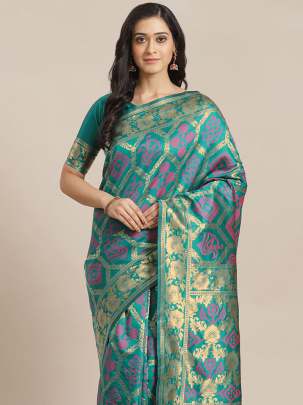 Teal & Golden Zari Woven Design Cotton Saree COTTON SAREES 