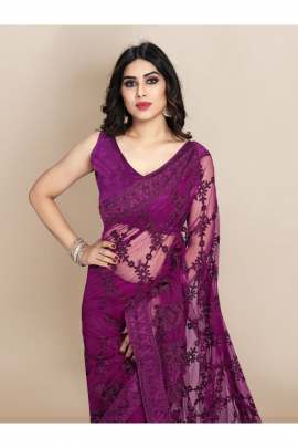 VIOLET TRENDY NET SAREE WITH ALL OVER EMBROIDERD AND STONE 