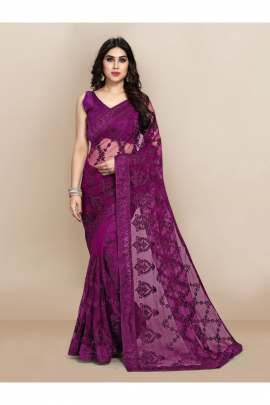 VIOLET TRENDY NET SAREE WITH ALL OVER EMBROIDERD AND STONE  NET SAREES 