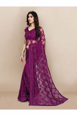 VIOLET TRENDY NET SAREE WITH ALL OVER EMBROIDERD AND STONE  NET SAREES 