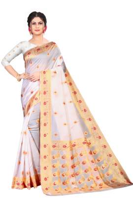 WHITE AND RED LICHI SILK SAREE WITH RICH PALLU  sarees