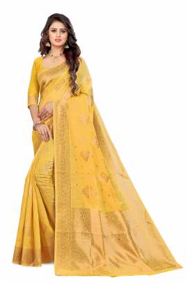 YELLOW CHANDERI COTTON SILK SAREE WITH ALL OVER PRINT  sarees