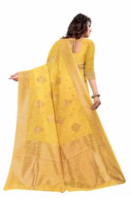 YELLOW CHANDERI COTTON SILK SAREE WITH ALL OVER PRINT  CHANDERI SAREE 