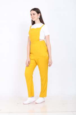 YELLOW COTTON REYON BLENDED DUNGAREE WITH WHITE CROP T-SHIRT Dungarees