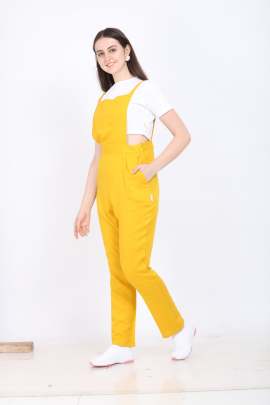 YELLOW COTTON REYON BLENDED DUNGAREE WITH WHITE CROP T-SHIRT Dungarees