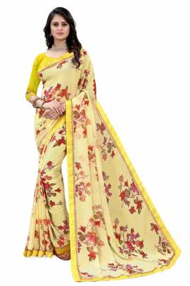 YELLOW FLORAL PRINTED GEORGETTE SAREE WITH RICH BORDER LACE