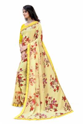 YELLOW FLORAL PRINTED GEORGETTE SAREE WITH RICH BORDER LACE GEORGETTE SAREES 