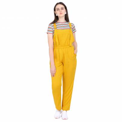 YELLOW POLYESTER BLENDED STRIPED DUNGAREE WITH CROP T-SHIRT