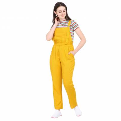 YELLOW POLYESTER BLENDED STRIPED DUNGAREE WITH CROP T-SHIRT Dungarees