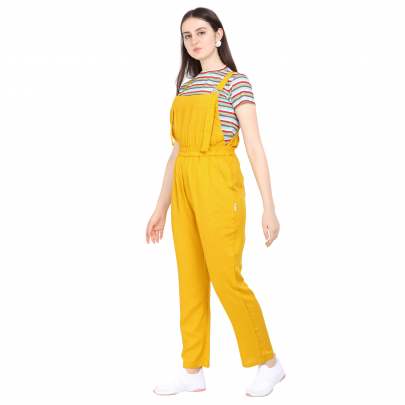 YELLOW POLYESTER BLENDED STRIPED DUNGAREE WITH CROP T-SHIRT Dungarees