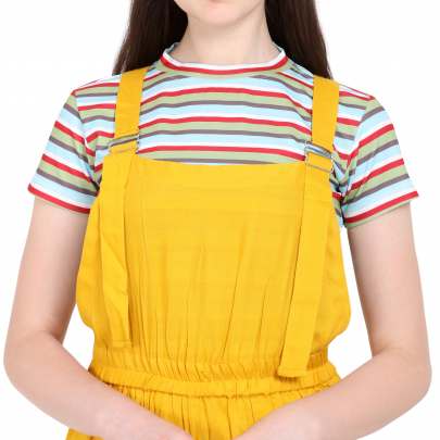 YELLOW POLYESTER BLENDED STRIPED DUNGAREE WITH CROP T-SHIRT Dungarees