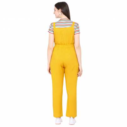 YELLOW POLYESTER BLENDED STRIPED DUNGAREE WITH CROP T-SHIRT Dungarees